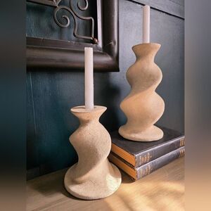1991 Vintage Spiral Chunky Candlestick Holders Pair 11' & 7.5' Sculptural